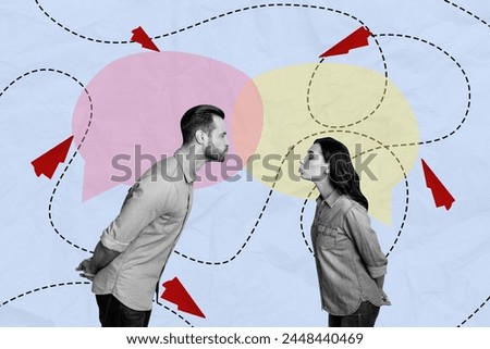 Creative collage picture young couple reach each other kiss valentine day amour paper airplane textbox communication drawing background