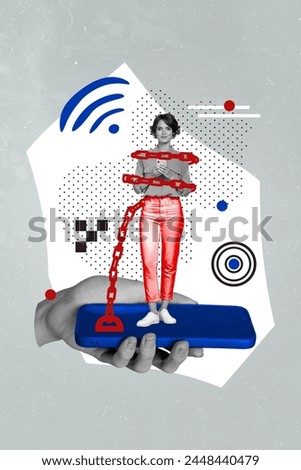 Vertical photo collage of smile girl stand iphone screen chain dependence modern problem user technology isolated on painted background