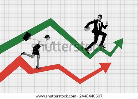 Creative collage picture young happy running businesspeople achieve target goal improvement dynamic arrows progress reach success