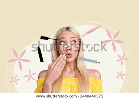 Creative photo picture collage young pretty lady beauty care treatment spa salon skincare injection visage drawing background
