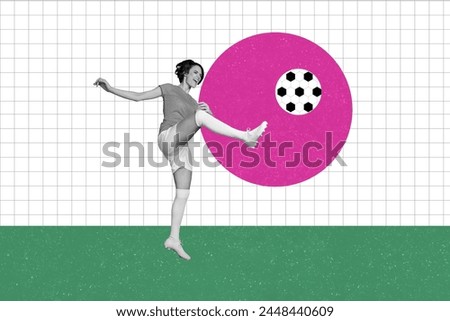 Creative collage picture young excited energetic woman play football kicking ball goal championship game match drawing background