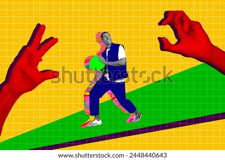 Creative psychedelic photo young man basketball player practice hobby human hands body fragments catch checkered background