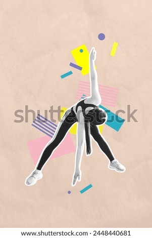 Vertical photo collage of young girl do sport incline stretch warm up marathon flexible pilates aerobics isolated on painted background