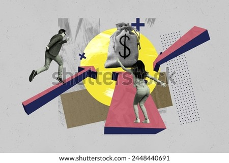 Composite collage picture image of running arrow man female sack earning money trader fantasy billboard comics zine minimal