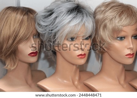 Elegant hairstyle stock photo. Wigs head. Blonde dolls