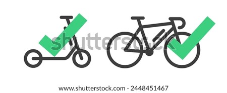 Bicycle and kick scooter check mark icon graphic illustration set, line outline stroke bike available approve symbol modern simple sign design, option select checkmark permission image clip art