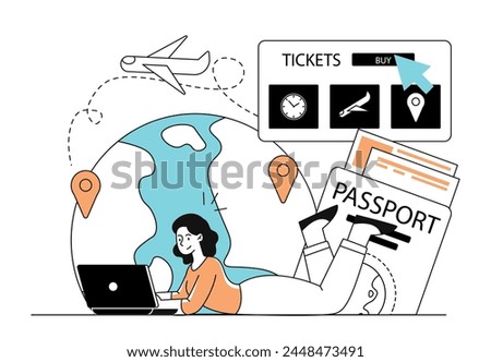 Trip planning simple. Woman with laptop lying near globe. Holiday and vacation planning. Tour agency website. Travel and tourism. Doodle flat vector illustration isolated on white background