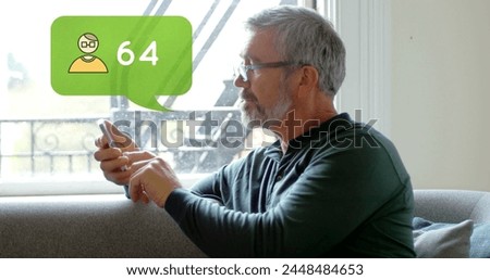 Side view of an old man seated on a couch while typing on his phone. Beside him in the foreground is a digital image of a message bubble with a follower icon increasing in count