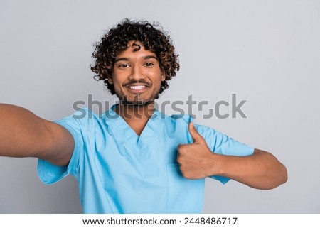 photo of doctor guy make selfie show fine thumb up symbol isolated grey color background