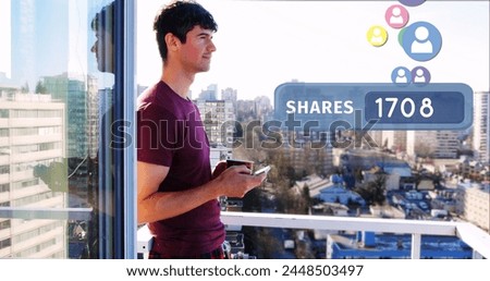 Side view of a Caucasian man leaning on veranda rails browsing on is phone. Beside him is a digital image of a bar with a shares text and number count increasing