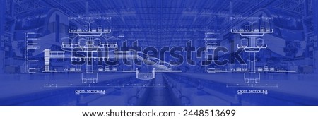Electric Train Section drawing, Maintenance plant of Sky Train. Red Line train Bang Sue Grand Station in Bangkok, Thailand. Public Modern Clever transportation and transport or commuter transport,	
 Royalty-Free Stock Photo #2448513699
