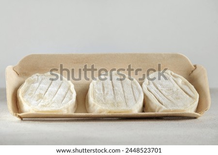 Goat cheese in a box on a gray background. Camembert creamy French cheese