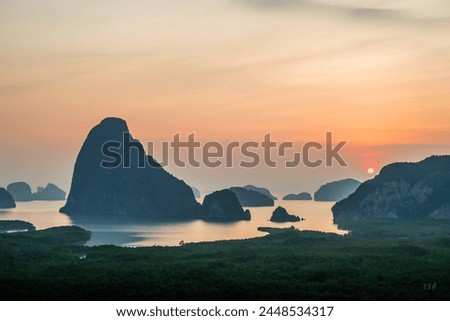 Landscape pictures of Phang Nga province with a place called Samet Nangshe Bay, a famous and beautiful tourist attraction and famous for its sunrise.