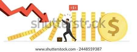 Risk management, horizontal banner. Business and finance protection, crisis management. Effective businessman help, support company avoiding dominoes effect in economic crisis. Falling graph. Vector