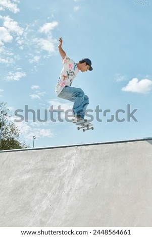 A young skater boy defying gravity as he rides his skateboard up the ramp at a vibrant outdoor skate park on a sunny summer day.