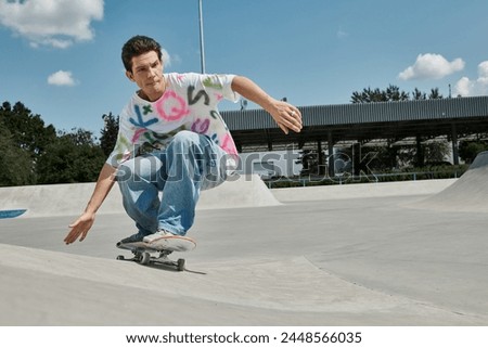 A young skater boy confidently rides his skateboard down the side of a ramp in a sunny outdoor skate park.