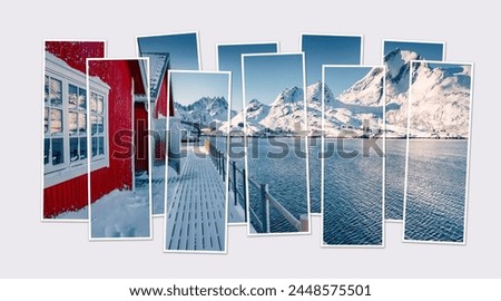 Isolated ten frames collage of picture of small fishing village - Molnarodden with Kakernbrua bridge on background, Lofoten Islands, Norway. Seascape of Norwegian sea. Mock-up of modular photo.
