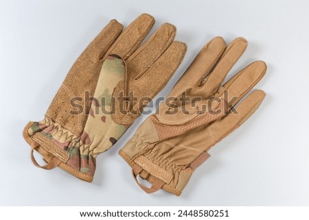 Two different tactical military gloves made with textile and synthetic leathern protective color on a gray background
 Royalty-Free Stock Photo #2448580251