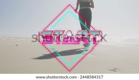 Image of text start, in shiny pink, with woman running on beach. positive feelings and wellbeing concept, digitally generated image.