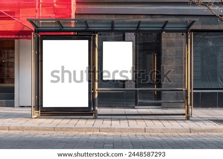 Mockup Of Empty Bus Stop Billboard In Front Of Shop. Two Blank Outdoor Advertising Sign Boards For Placards