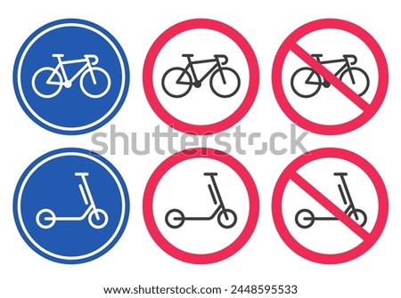 Bicycle and kick scooter forbidden and allow safety road street signs vector graphic illustration icon set, electric bike area lane path warning symbol, parking blue red attention image clip art  