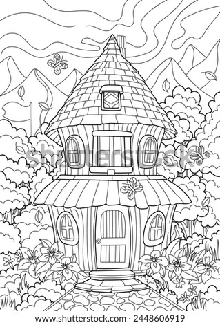 Fairy tale forest house. Coloring page.Scenery.Coloring book antistress for children and adults. Illustration isolated on white background.Zen-tangle style. Hand draw Royalty-Free Stock Photo #2448606919
