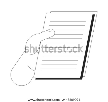 Holding paperwork cartoon human hand outline illustration. Looking papers. Reading files 2D isolated black and white vector image. Review documents. Checking report flat monochromatic drawing clip art