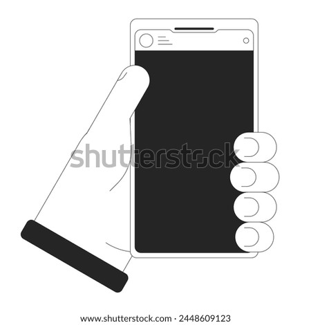 Holding smartphone cartoon human hand outline illustration. Using mobile phone 2D isolated black and white vector image. Cellphone in hand. Cell phone carrying flat monochromatic drawing clip art