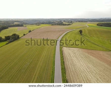 View from above of a road between fields in the farmland  Royalty-Free Stock Photo #2448609389