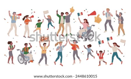 Vector illustration set of cheering supporters, sports spectators, and cheering children. Royalty-Free Stock Photo #2448610015