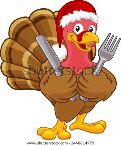 Turkey Christmas or Thanksgiving Holiday cartoon character wearing a Santa Claus hat and holding cutlery knife and fork
