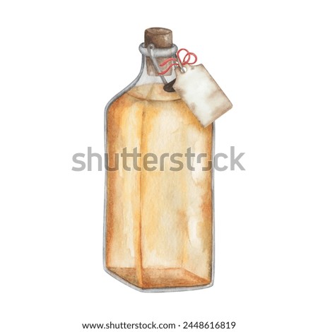 Watercolor illustration. Hand painted olive oil. Transparent glass square bottle with cork. Yellow liquid. Paper tag, label with ribbon. Blank template. Sunflower oil. Orange juice. Isolated clip art