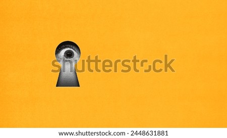 Wide open female eye looking into keyhole on yellow background. Contemporary art collage. Unexpected discoveries. Conceptual design. Concept of creativity, abstract art, imagination and inspiration.