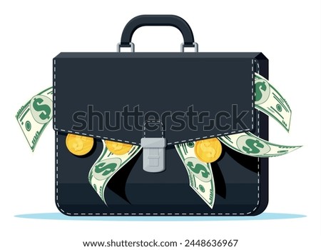 Leather suitcase full of money. Dollar banknotes. golden coins and case. Symbol of wealth. Business success. Stock market investment portfolio. Flat style vector illustration.