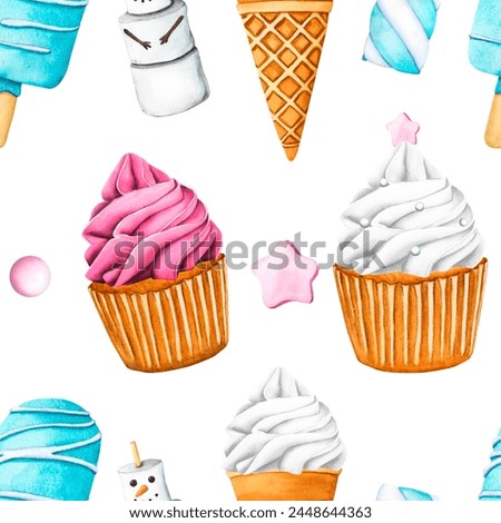Seamless pattern with cupcake pink and white cream, ice creams. Sweet summer dessert, popsicle, muffin, ice-cream cone and marshmallow snowman. Watercolor illustration for postcards, design, print.