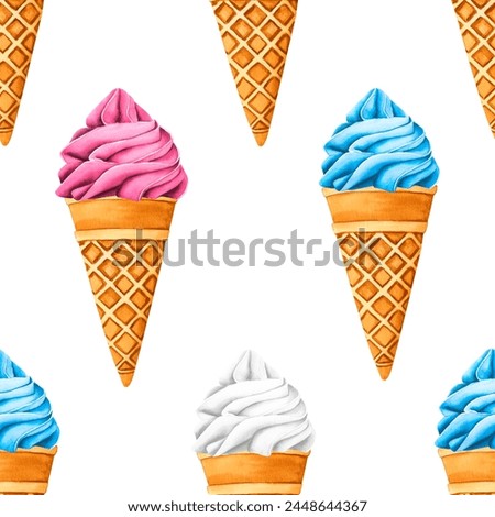 Seamless pattern ice creams. Sweet summer dessert, gelato with different tasties, ice-cream cone and popsicle. Watercolor illustration street frozen fast food for postcards, design, print.