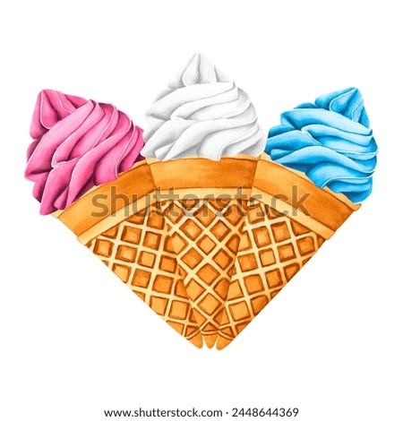 Set ice creams. Sweet summer dessert, gelato with different tasties, ice-cream cone and popsicle. Watercolor illustration street frozen fast food for postcards, design, print.