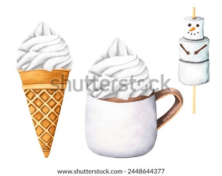 Sweet dessert ice creams, gelato, ice-cream cone and popsicle. Hot drink cup with whipped cream. Christmas marshmallow snowman, snow men. Watercolor illustration for Valentine's Day, xmas or birthday