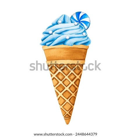 Tasty ice creams. Sweet summer dessert, gelato, ice-cream cone and popsicle in blue color with glossy candy, spiral lollipop. Watercolor illustration frozen fast food for postcards, design, print.