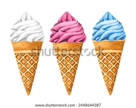 Set ice creams. Sweet summer dessert, gelato with different tasties, ice-cream cone and popsicle. Watercolor illustration street frozen fast food for postcards, design, print