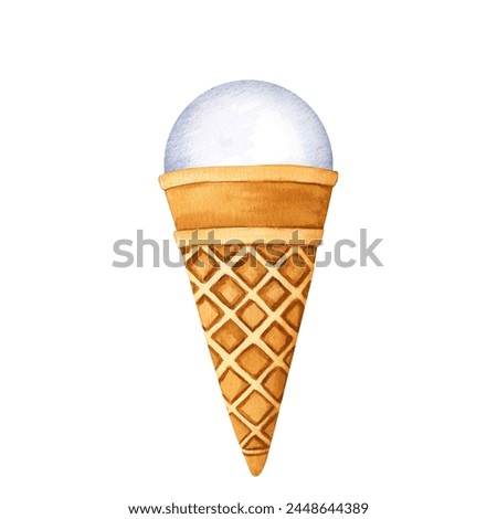 Tasty ice creams. Sweet summer dessert, gelato, ice-cream cone and popsicle glossy candy, spiral lollipop. Watercolor illustration frozen fast food for postcards, design, print