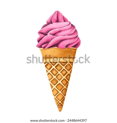 Tasty ice creams. Sweet summer dessert, gelato with different tasties, ice-cream cone and popsicle. Watercolor illustration street frozen fast food for postcards, design, print.
