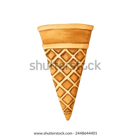 Empty waffle cup for ice cream. Sugar crunchy ice-cream waffle cone, texture sweet frozen dessert. Street fast food watercolor illustration isolated on white backdrop.
