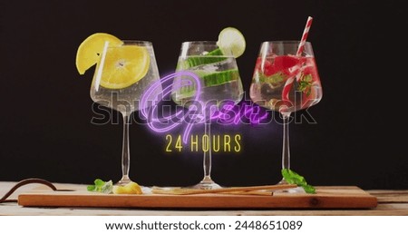 Image of open 24 hours neon text and cocktails on black background. Party, drink, entertainment and celebration concept digitally generated image.