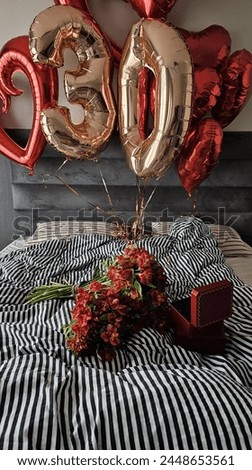 30th Happy birthday  anniversary  balloons red and gold  red flowers  gift 