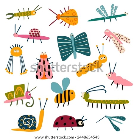 A set of different insects in children's flat style. Beetle, ladybug, ant, butterfly, dragonfly, caterpillar, millipede clip art