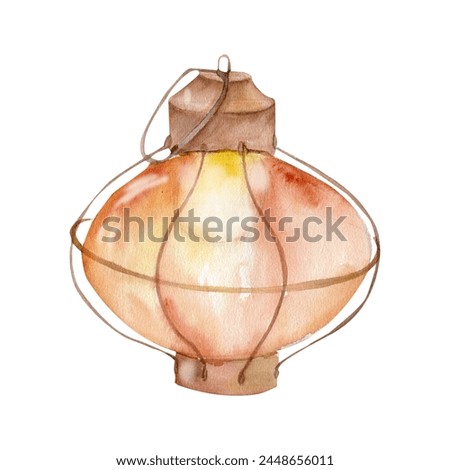 Vintage glass lantern watercolor illustration. Oil lamp hand drawn clip art, cozy autumn home decor, warm light for invitation, thanksgiving day card design.