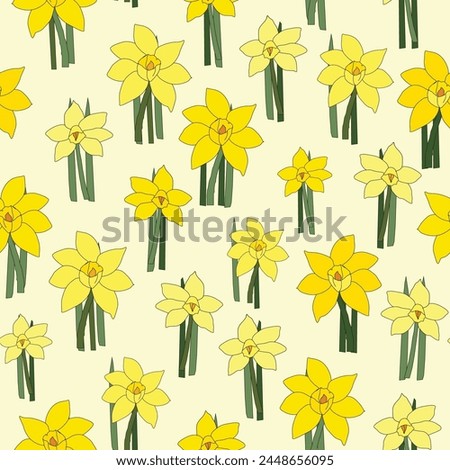 Hand drawn yellow daffodils with their stalks on light yellow background vector repeat pattern