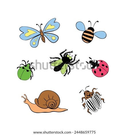 Vector set of cute cartoon insects, garden pests. Hand drawn outline color illustration, clip art in flat doodle style.