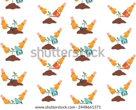 Seamless pattern with beds, sprout and gardening tools. Gardening and farming concept, plant care. Vector illustration for print, textile, wrapping paper, on transparent background